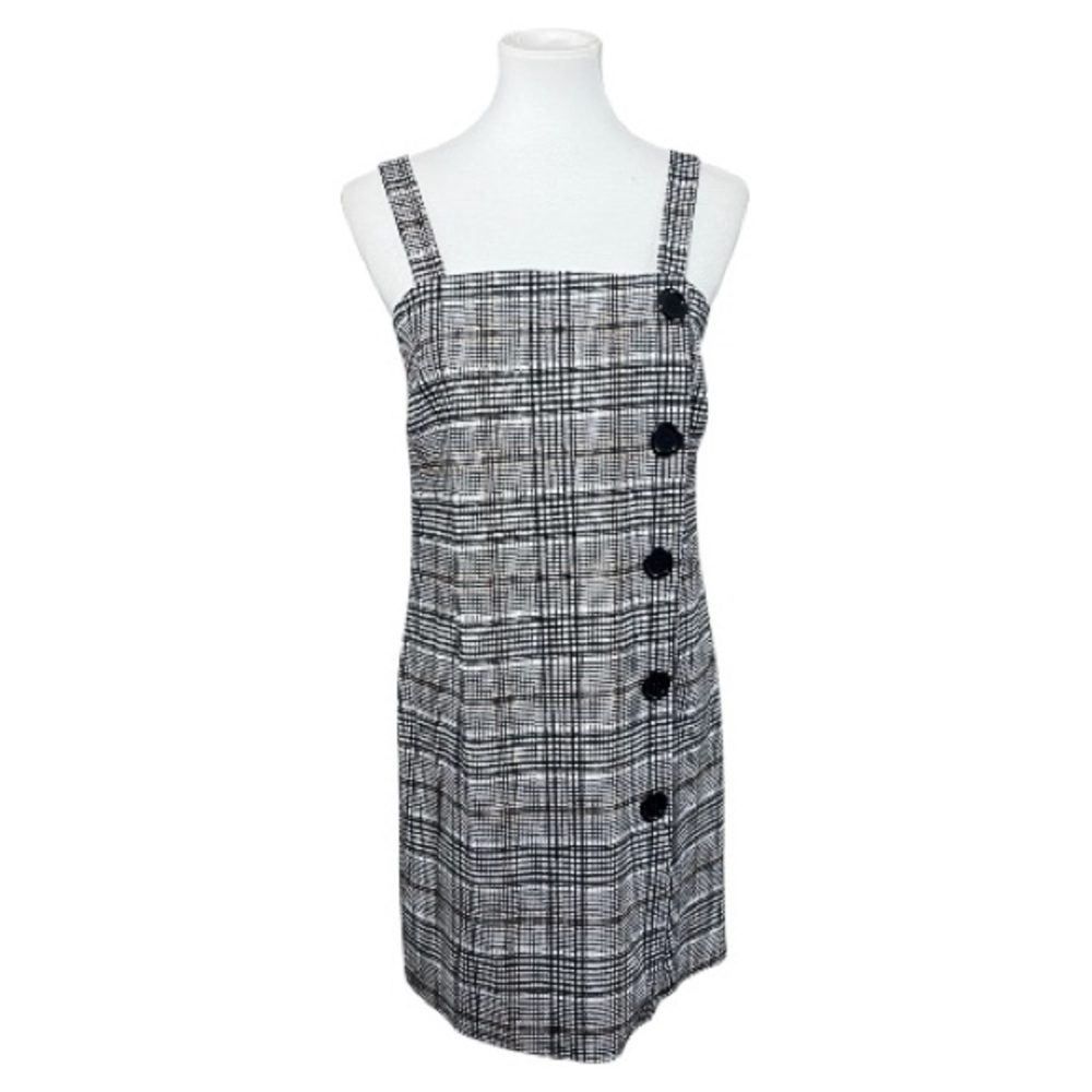 Vintage Brandy Blue Plaid Pinafore Dress Made in USA Black White Button Front
